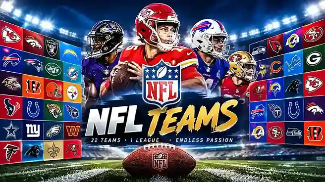 Chart of all 32 NFL teams grouped by AFC and NFC divisions for the 2025 season.